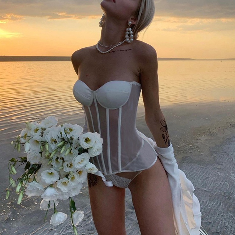 Áo Corset Cúp Ngực Phối Lưới Lưng Cột Dây Gợi Cảm Cho Nữ