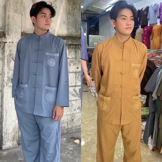 LTụ Thêu 3Túi Tay Dài Nam # Đồ Bộ Nam Đi Chùa