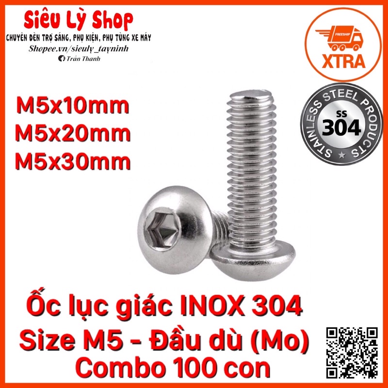 [Combo 100con] Bulong Ốc lục giác INOX 304 - Size M5 Đầu dù tròn (Mo ...