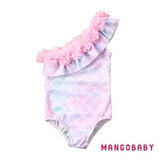 Bộ đồ tắm một mảnh MG-Baby Girls, Đồ bơi in vảy cá không tay, Đồ bơi đường viền cổ hoa xếp nếp