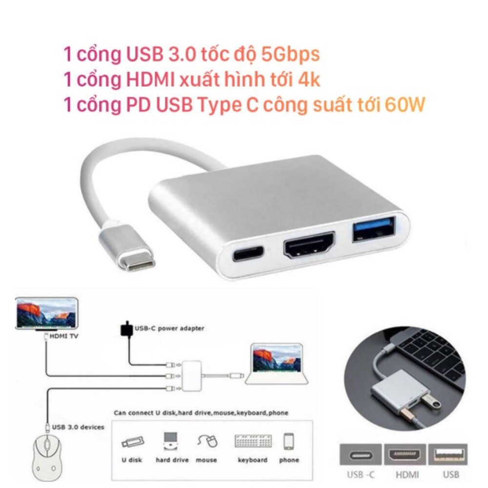 Hub Type C 3in1 hỗ trợ Samsung Dex  - Cổng chuyển đổi HUB USB Type-C to HDMI,  USB 3.0, PD Type-C cho Laptop, Điện thoại | BigBuy360 - bigbuy360.vn