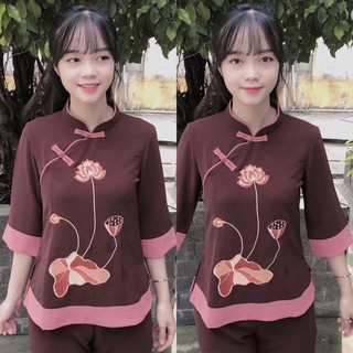 Sẫm 2Nút Phối Vải Đũi Cao Cấp # Đồ Bộ Nữ Đi Chùa