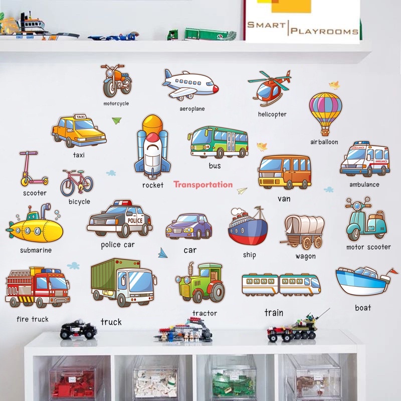 Decal phương tiện giao thông phụ đề tiếng anh cho bé( kt sau dán 1m3*95cm- Tuỳ chỉnh )