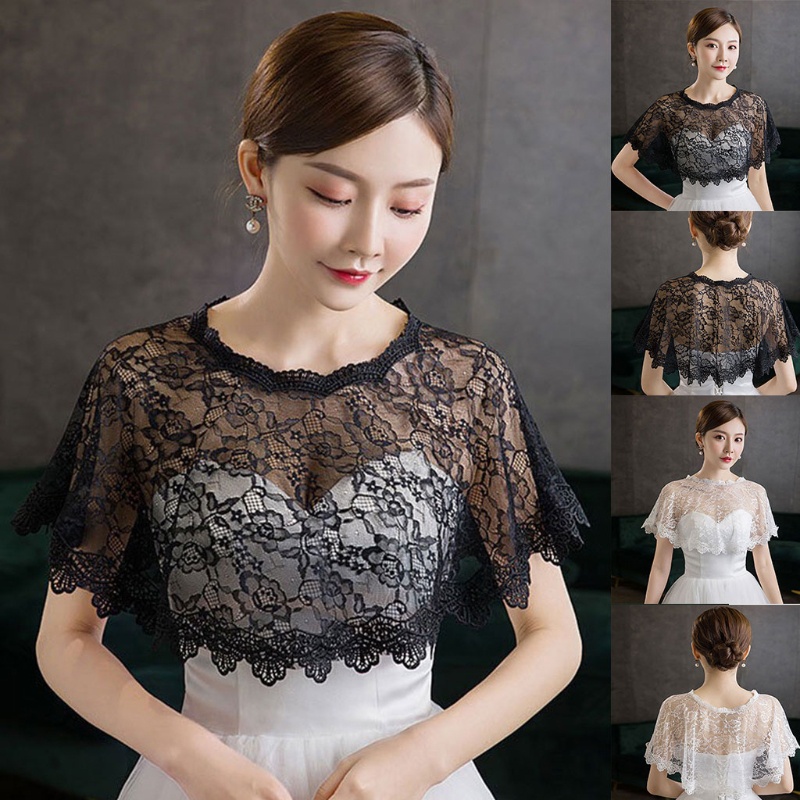 ❀❀Fine Khăn choàng che cổ tulle ren thêu hoa xuyên thấu nhún cao thấp trùm bolero cho cô dâu đám cưới