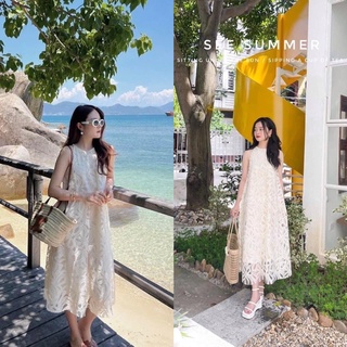 [V1.606] Váy Maxi Cổ Yếm Ren Hoa Nổi Hàng Lớp Siêu Xinh, Đầm Nữ Cổ Yếm Dáng Suông
