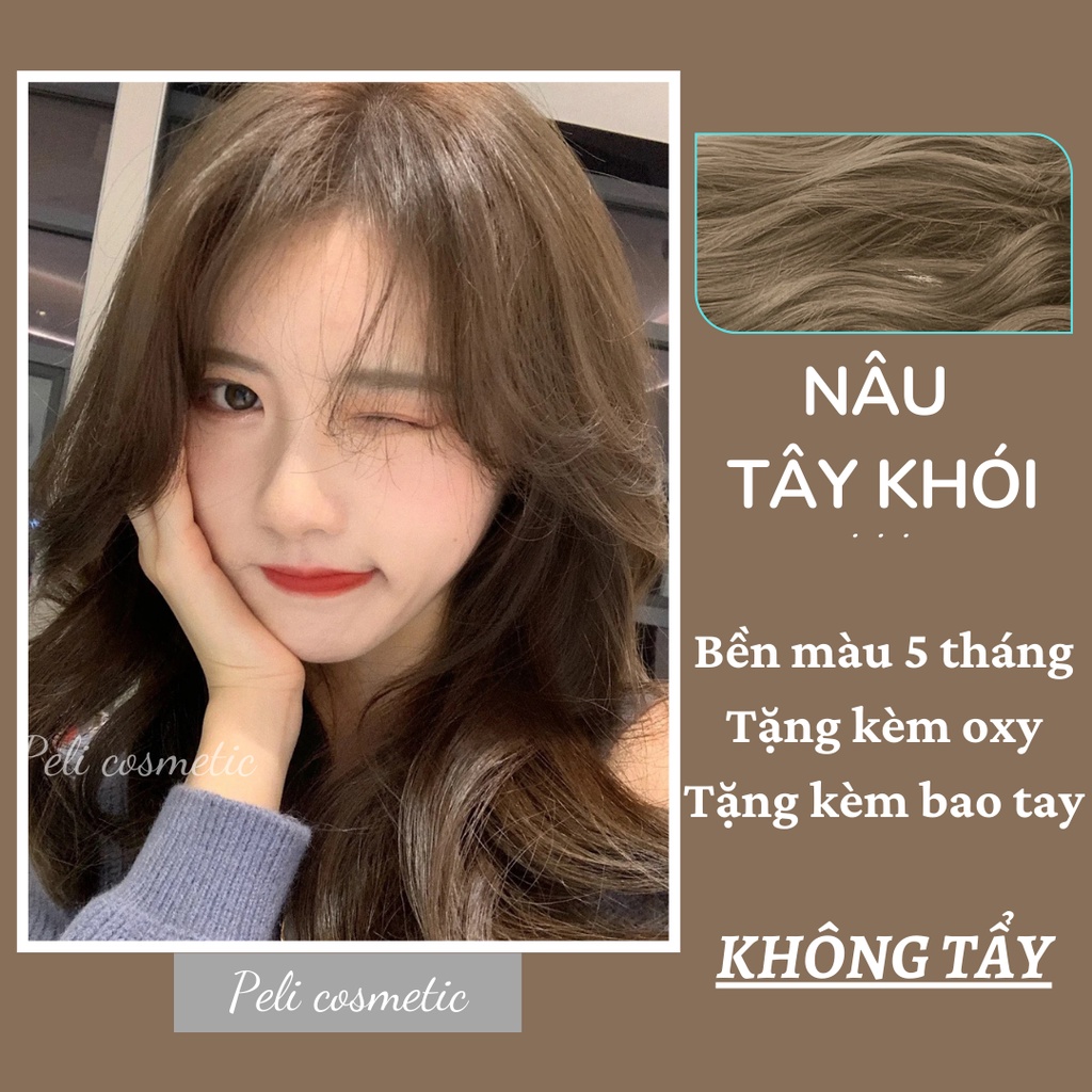 thuốc nhuộm tóc . nhuộm tóc màu nâu tây khói , [ thuốc nhuộm tặng kèm oxy trợ dưỡng và bao tay ]