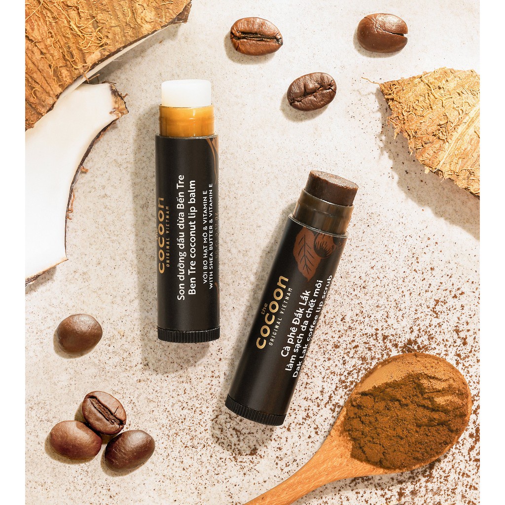 Combo son tẩy da chết môi Cà phê đắk lắk cocoon5g + son dưỡng môi dầu dừa bến tre cocoon5g