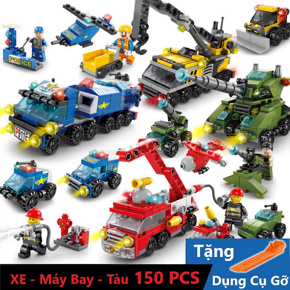 [150 CHI TIẾT] BỘ ĐỒ CHƠI XẾP HÌNH Mô Hình Xe OTO Cảnh Sát, Lắp Ghép Xe Cứu Hỏa, Lắp Ráp Máy Bay, Đồ Chơi Trực Thăng
