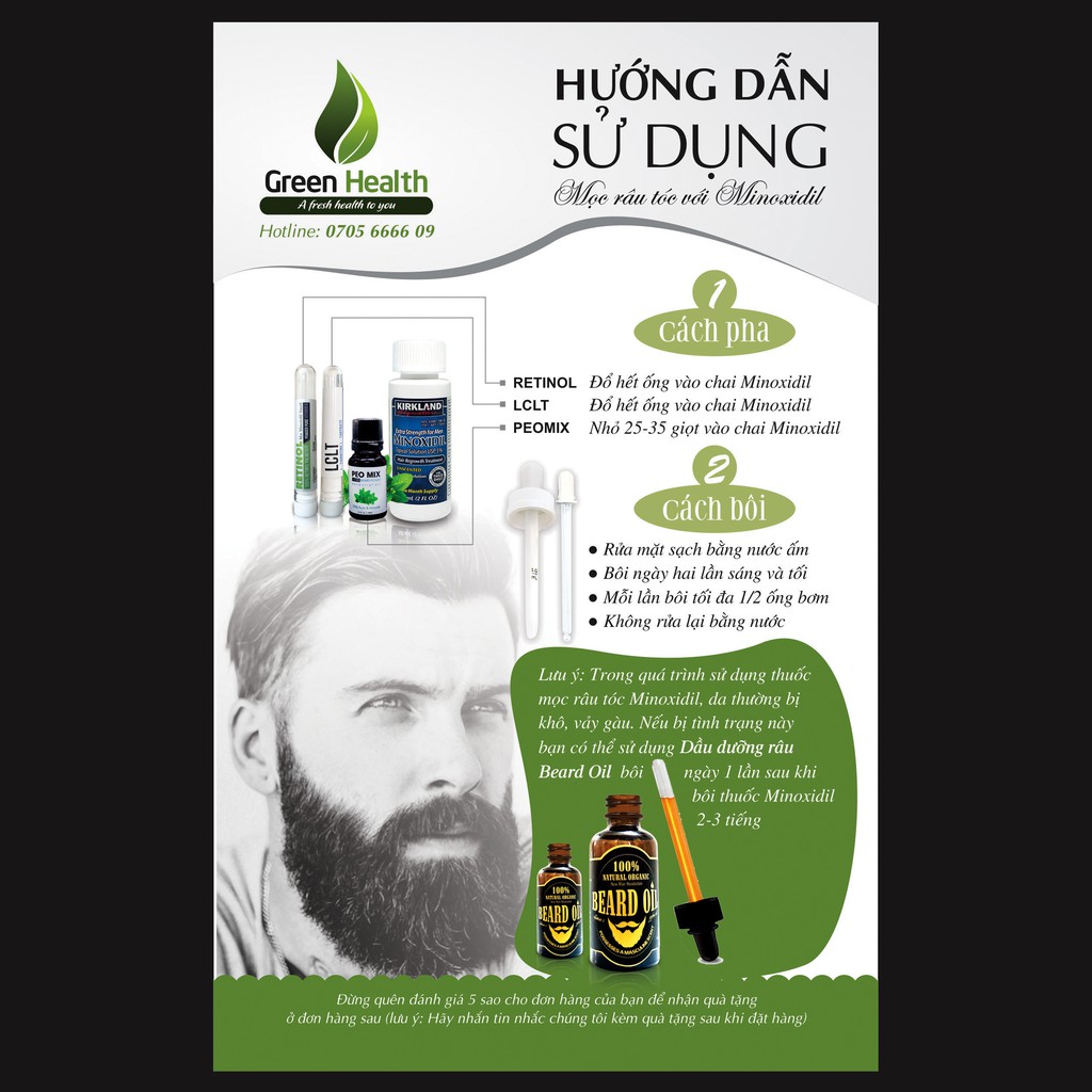 Minoxidil 5% và sản phẩm hỗ trợ mọc râu, tóc