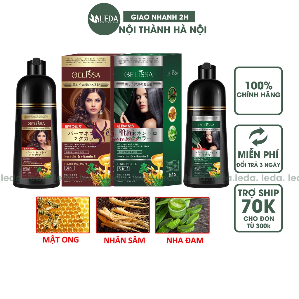 Dầu gội đen tóc Gelissa thảo dược 3 trong 1 dầu gội phủ bạc gội là đen hoặc nâu nhật bản 500ml leda
