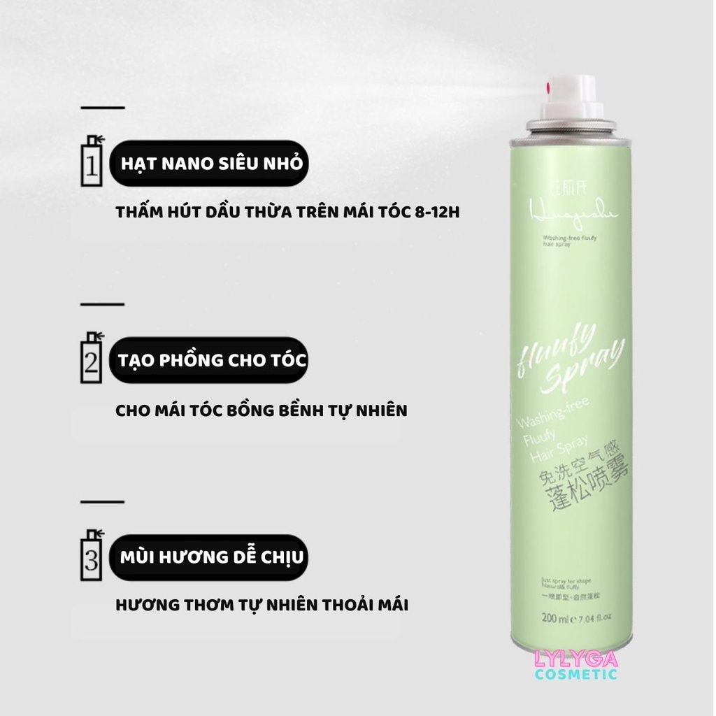 Dầu gội khô tạo phồng FLUUFY SPRAY 200ml xịt khô tạo phồng tóc, gội đầu khô không cần nước cho nam nữ không bết tóc GK03