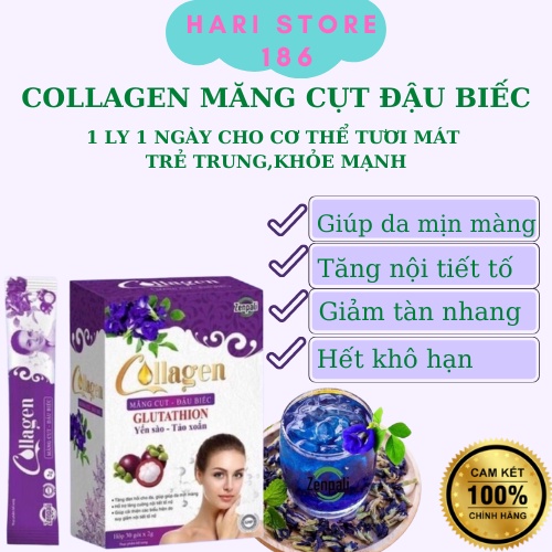 Collagen măng cụt đậu biếc hari store collagen Zenpali Chính Hãng Làm Đẹp Da Cân Bằng Nội Tiết Tố Nữ hộp 30 gói