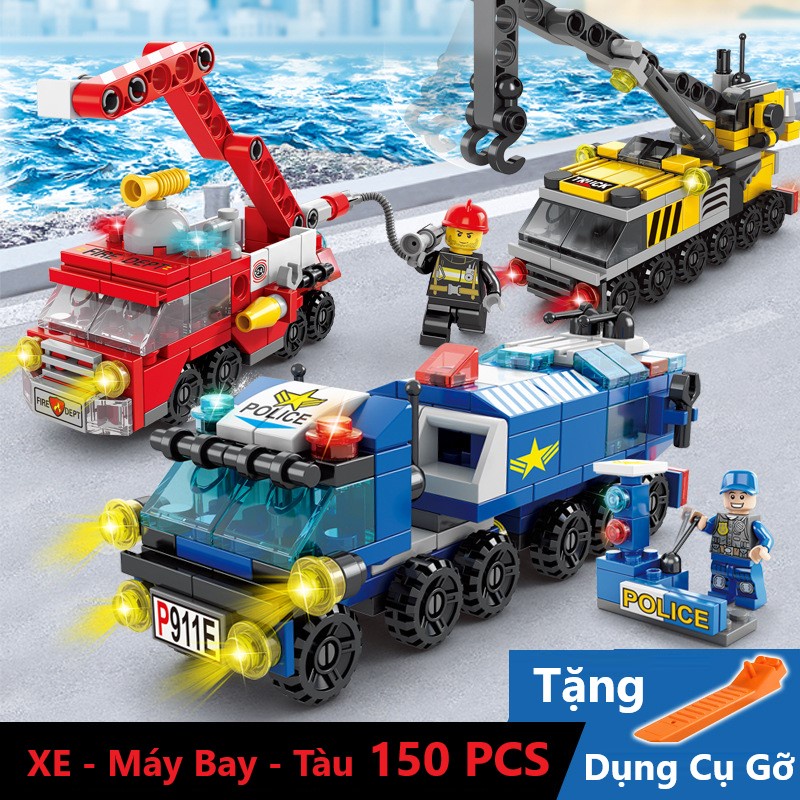 [150 CHI TIẾT] BỘ ĐỒ CHƠI XẾP HÌNH Mô Hình Xe OTO Cảnh Sát, Lắp Ghép Xe Cứu Hỏa, Lắp Ráp Máy Bay, Đồ Chơi Trực Thăng
