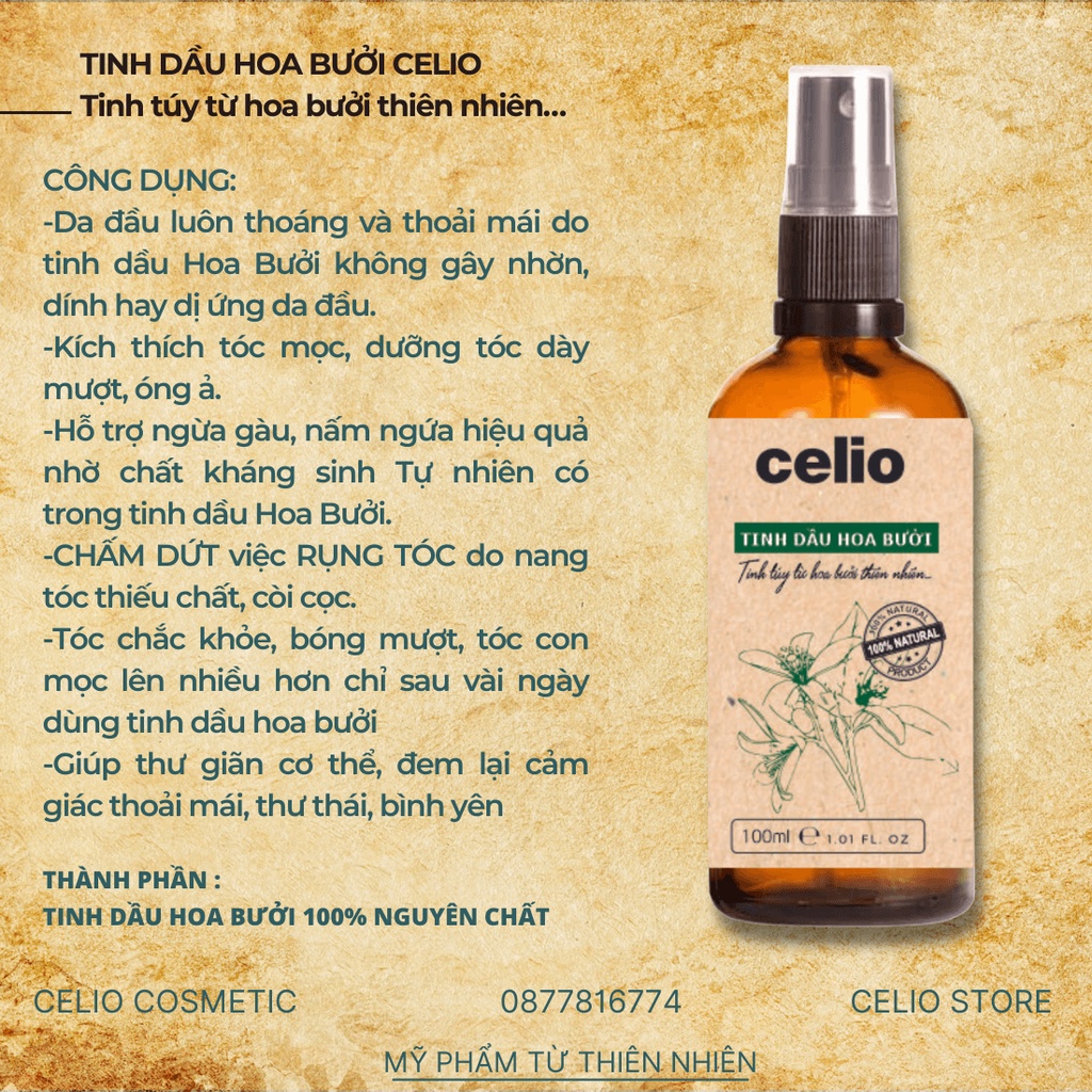 Tinh Dầu Dưỡng Tóc CELIO Tinh Dầu Hoa Bưởi Nguyên Chất Ngăn Rụng Tóc Hỗ Trợ Mọc Tóc Làm Sạch Da Đầu Xịt Thơm Tóc An Toàn