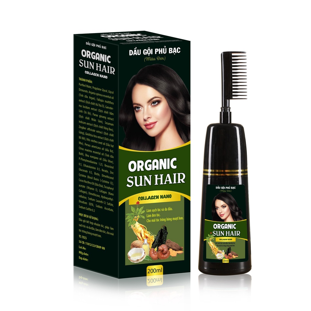 Dầu Gội Phủ Bạc (màu đen) Sun Hair Collagen Nano ORGANIC – Ngăn chặn tóc bạc sớm, dưỡng tóc, làm sạch, phục hồi tóc