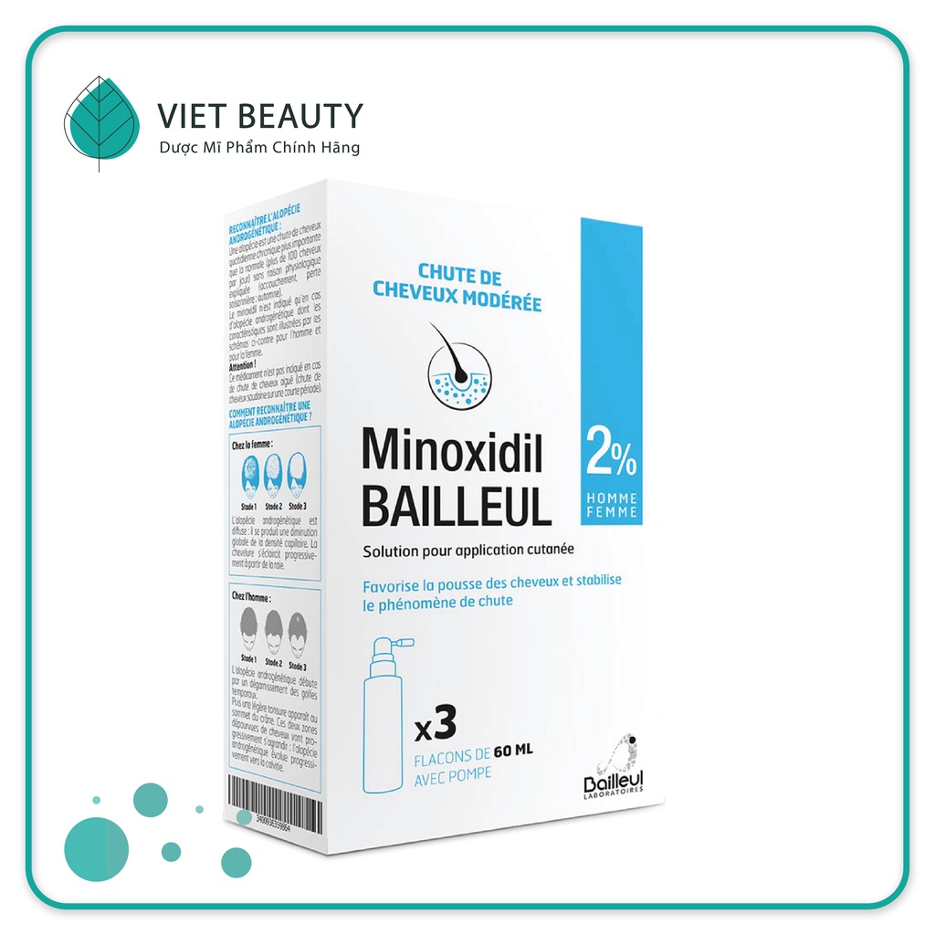 [VIỆT BEAUTY] Xịt mọc tóc Minoxidil Bailleul 2%-NHẬP TRỰC TIẾP PHÁP-NGĂN RỤNG TÓC, KÍCH THÍCH MỌC TÓC [Hộp 3 lọ 60ml]