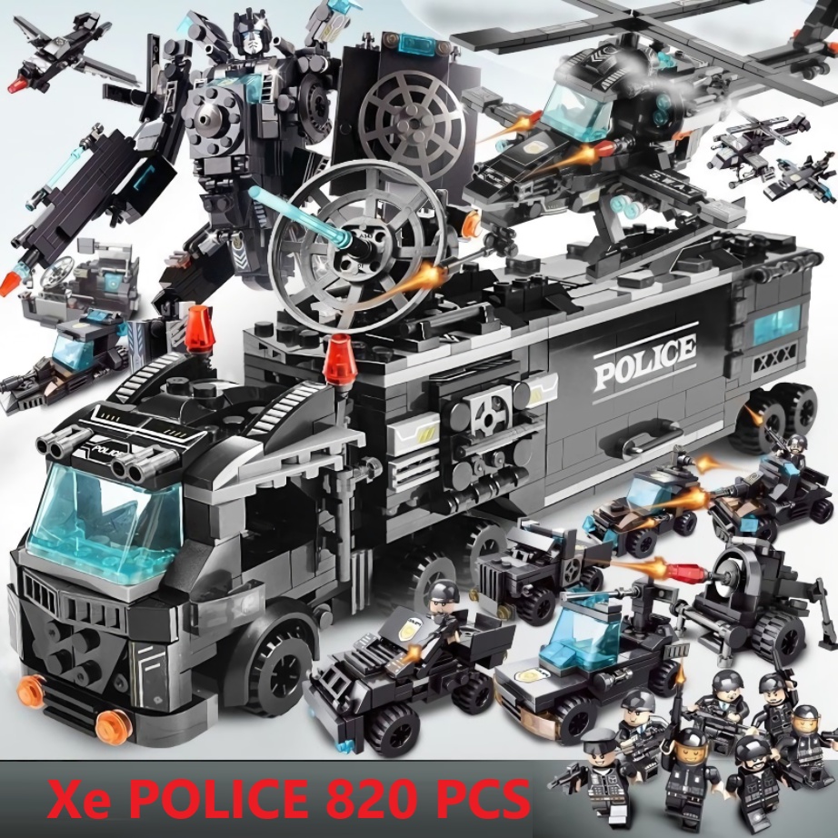 900 Mảnh – 35 Tạo Hình – Bộ Đồ Chơi Lắp Ghép Xe Oto Swat Cảnh Sát, Xe Chỉ Huy, Lắp Ráp Robot, Trực Thăng