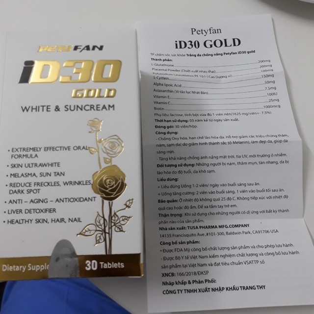 HÀNG NHẬP KHẨU – Viên uống trắng sáng da PETYFAN ID30 Gold White & Suncream chống nắng giảm nám chống lão hóa Hộp 30Viên