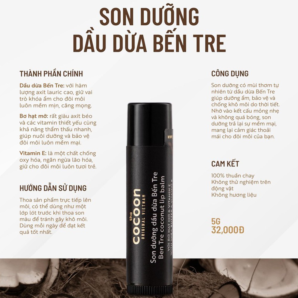 Son Dưỡng Dầu Dừa Bến Tre Cocoon 5g – Mỹ phẩm thuần chay Việt Nam