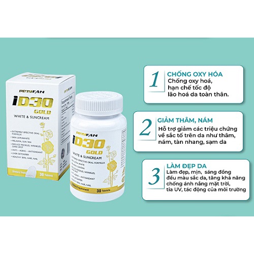 HÀNG NHẬP KHẨU – Viên uống trắng sáng da PETYFAN ID30 Gold White & Suncream chống nắng giảm nám chống lão hóa Hộp 30Viên