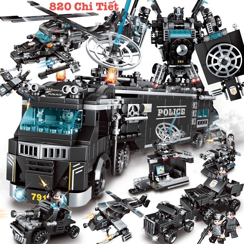 900 Mảnh – 35 Tạo Hình – Bộ Đồ Chơi Lắp Ghép Xe Oto Swat Cảnh Sát, Xe Chỉ Huy, Lắp Ráp Robot, Trực Thăng