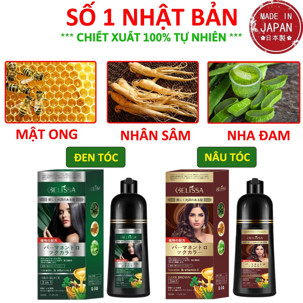 Dầu gội đen tóc Gelissa thảo dược 3 trong 1 dầu gội phủ bạc gội là đen hoặc nâu nhật bản 500ml leda