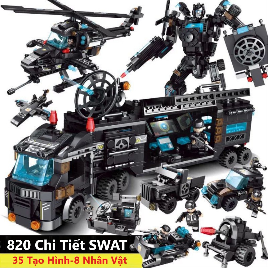 900 Mảnh – 35 Tạo Hình – Bộ Đồ Chơi Lắp Ghép Xe Oto Swat Cảnh Sát, Xe Chỉ Huy, Lắp Ráp Robot, Trực Thăng