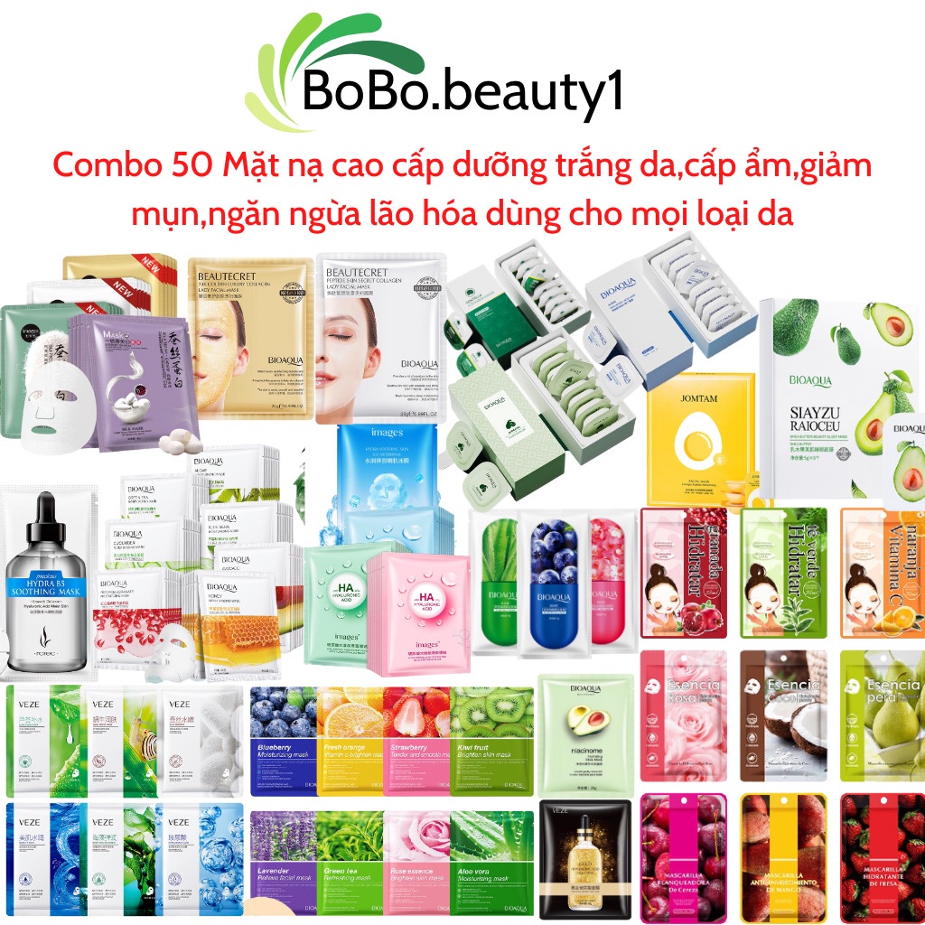 Combo 50 Mix nhiều loại (TẶNG 5 MẶT NẠ HOẶC BÂNG ĐÔ) mặt nạ giấy dưỡng trắng cấp ẩm se khít lô chân lông giảm mụn