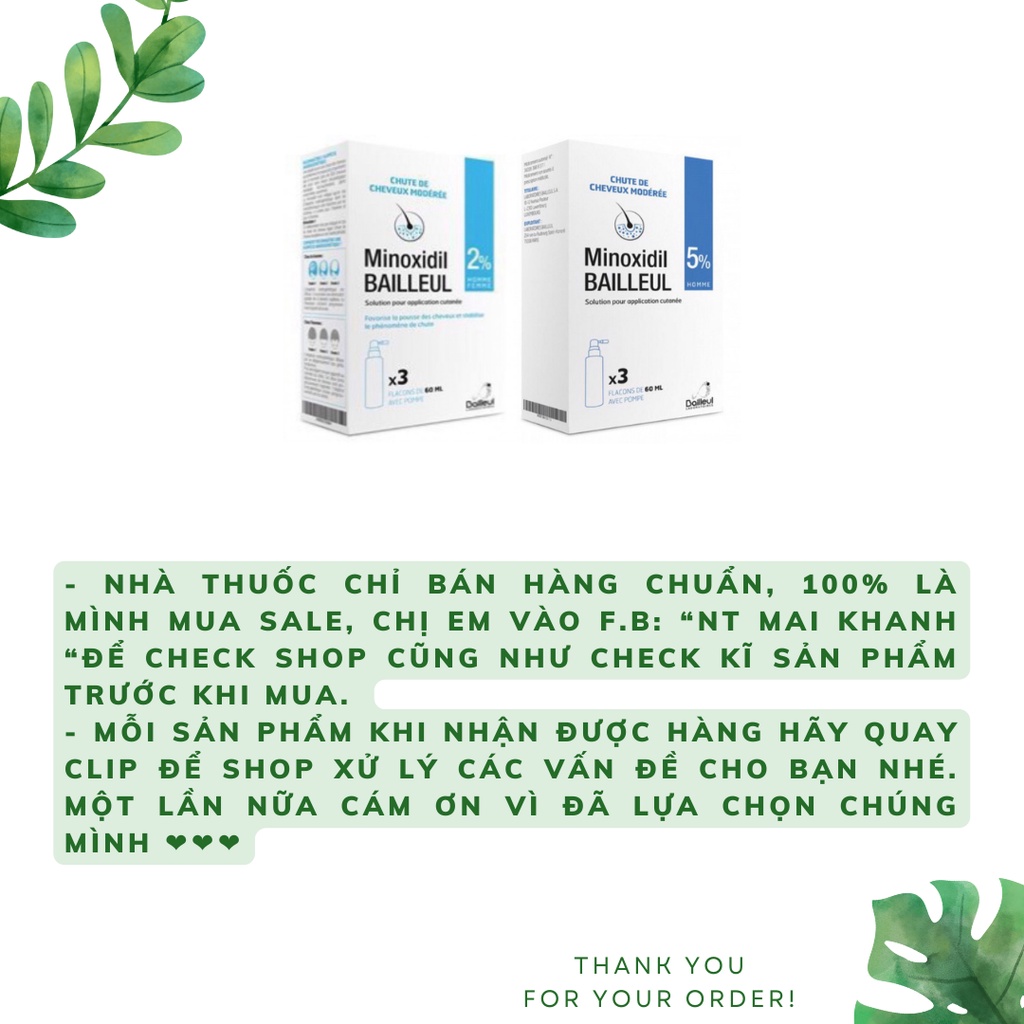 Xịt mọc tóc Minoxidil Bailleul 2% NHẬP KHẨU PHÁP – NGĂN RỤNG TÓC, KÍCH THÍCH MỌC TÓC Hộp 3 lọ 60ml.