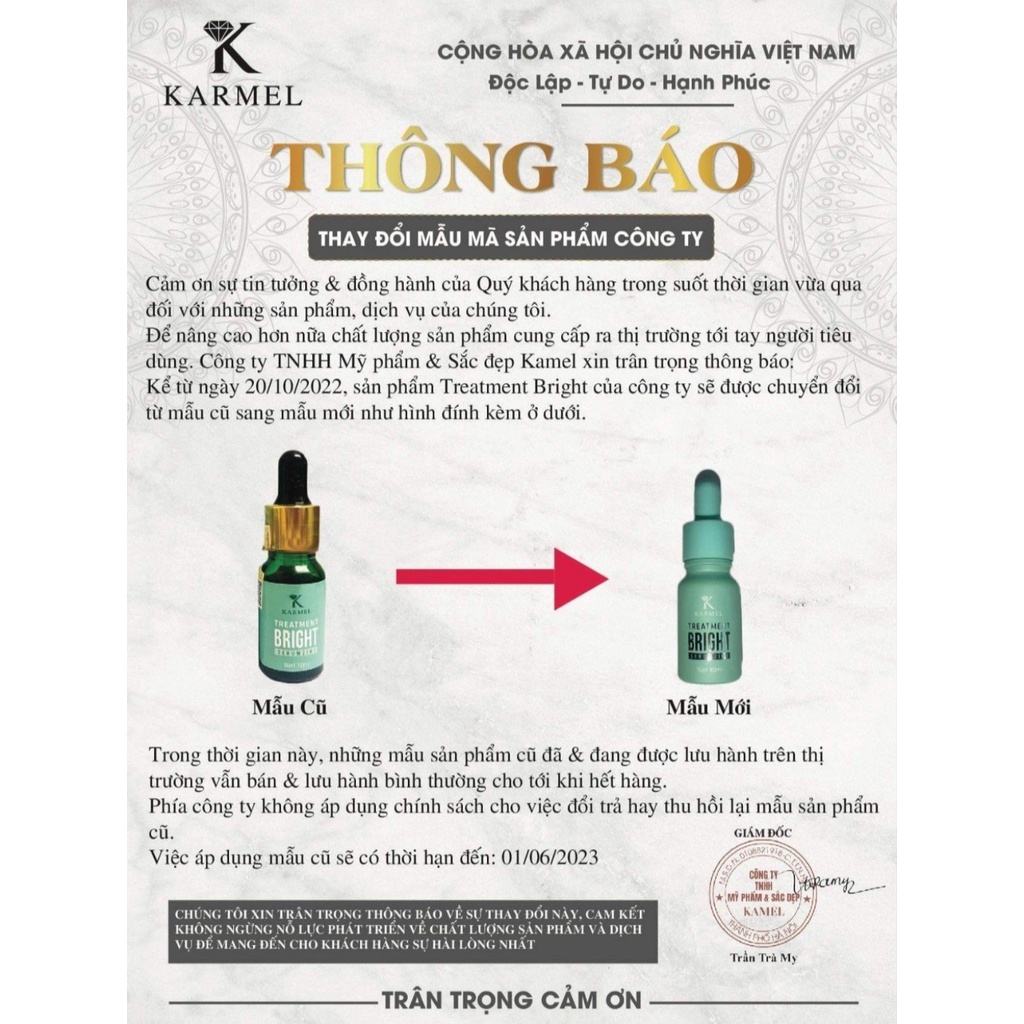 Serum căng bóng trắng da, mờ thâm nám dưỡng da, cấp nước đều màu da 10ml, 50ml – Treatment Bright 2in1 Kamel (Karmel)