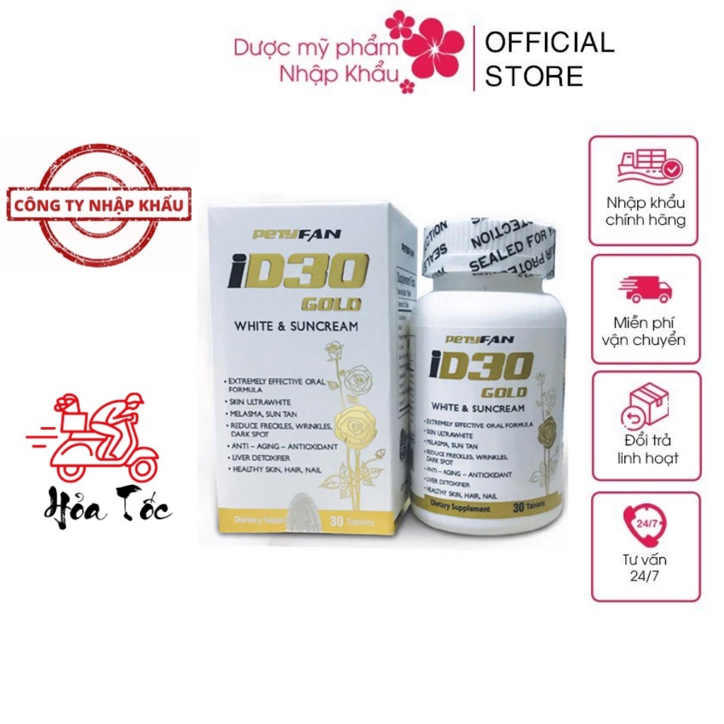 HÀNG NHẬP KHẨU – Viên uống trắng sáng da PETYFAN ID30 Gold White & Suncream chống nắng giảm nám chống lão hóa Hộp 30Viên