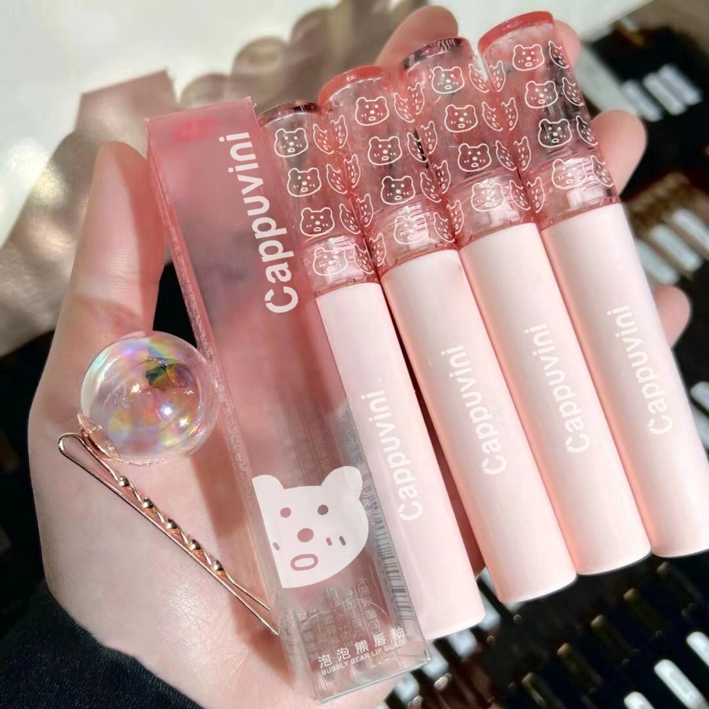 Son Cappuvini gấu hồng dưỡng ẩm hiệu ứng bóng lì màu sắc tươi tắn, Son kem lì Cappuvini dưỡng môi căng bóng mềm mịn