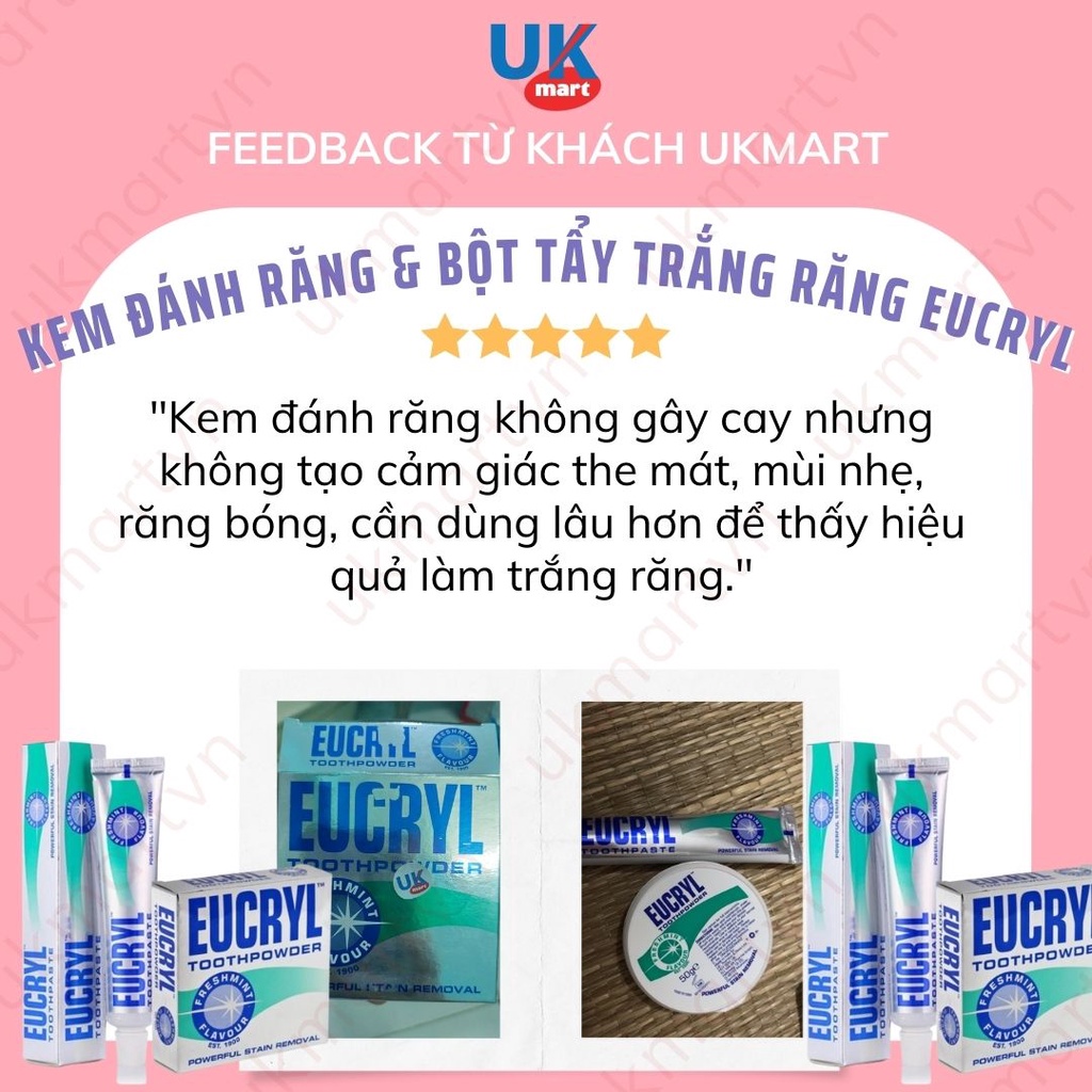 Kem Đánh Răng Eucryl 62g, Bột Tẩy Trắng Răng Eucryl 50g Giúp Sạch Miệng Trắng Răng, Hơi Thở Thơm Mát