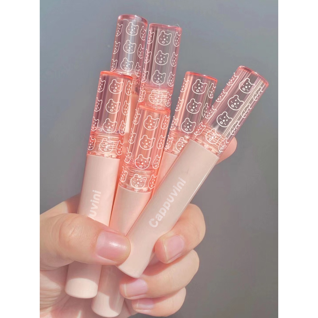 Son Cappuvini gấu hồng dưỡng ẩm hiệu ứng bóng lì màu sắc tươi tắn, Son kem lì Cappuvini dưỡng môi căng bóng mềm mịn