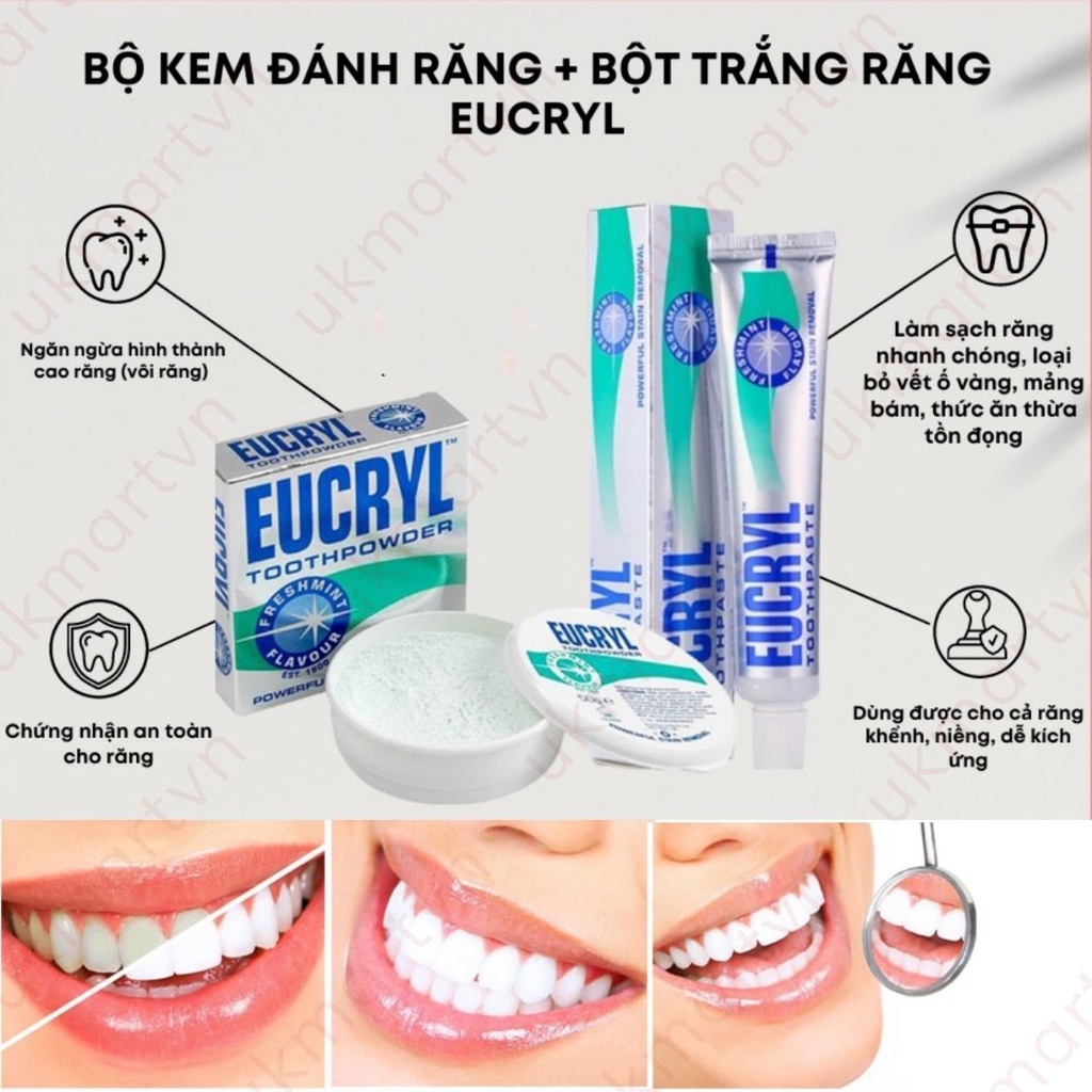 Kem Đánh Răng Eucryl 62g, Bột Tẩy Trắng Răng Eucryl 50g Giúp Sạch Miệng Trắng Răng, Hơi Thở Thơm Mát