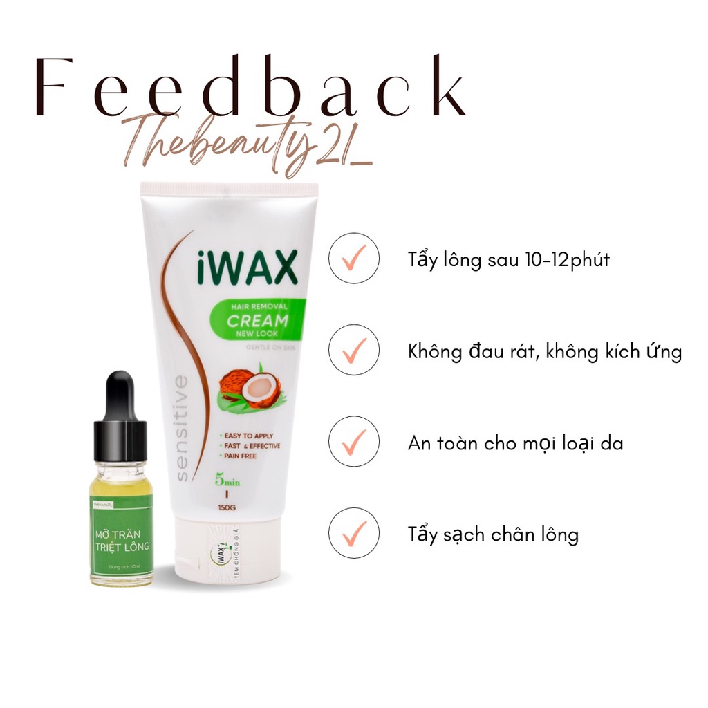 Combo: Kem Tẩy Lông Iwax 150ml và Mỡ Trăn Triệt Lông 10ml tẩy sạch lông vùng Bikini, Chân, Tay, Nách, Bụng