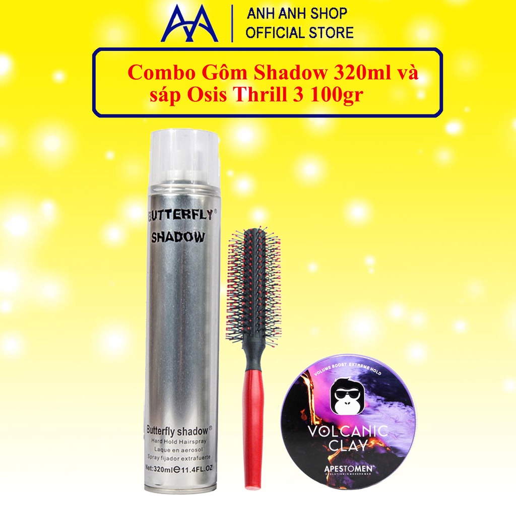 Combo gôm Butterfly Shadow 320ml chính hãng + Sáp vuốt tóc + lược tròn tạo phồng tóc