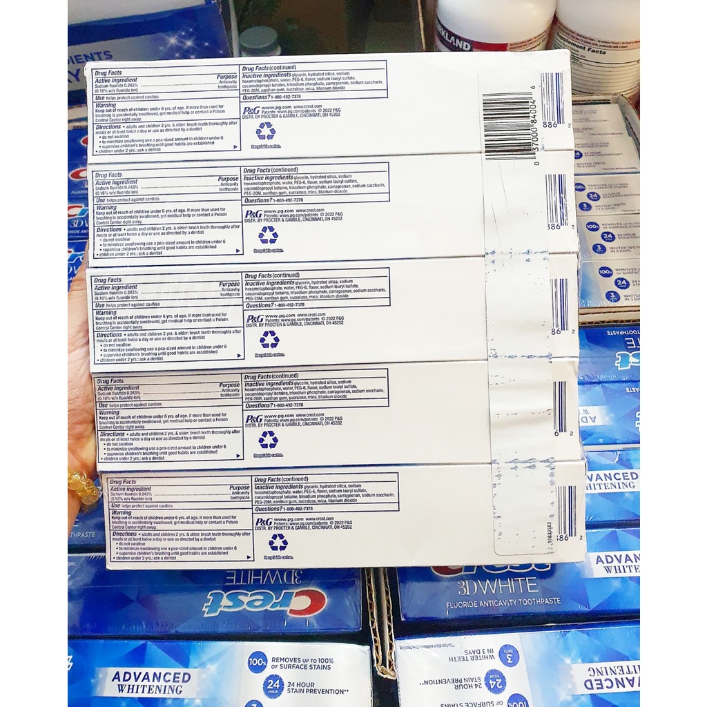 (Mẫu Mới) Kem Đánh Răng Trắng Răng Crest 3D White Advanced Whiteing 147gr và Vivid Mint Ultra 147gr Chính Hãng Mỹ