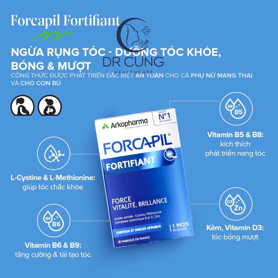 Bác Sĩ Cung Viên Uống Giảm Rụng Tóc FORCAPIL FORTIFIANT Arkopharma – Giúp Mọc Tóc, Rụng Tóc Sau Sinh, Kẽm (60V)