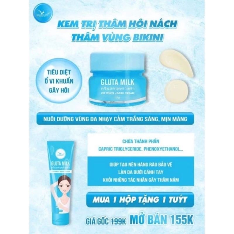 Kem Thâm Nách Gluta Milk Thái Lan (MUA 1 TẶNG 1) Kem khử thâm nách các vùng da thâm sạm- Chính hãng