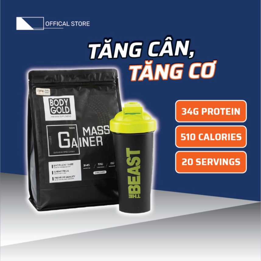 Mass Gainer Hight Protein Sữa Tăng cân Tăng Cơ Body Gold túi 1,5kg + Tặng Bình Lắc 700ml