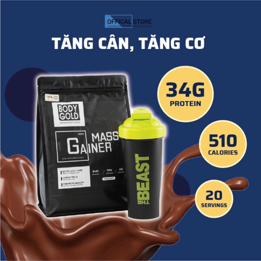 Mass Gainer Hight Protein Sữa Tăng cân Tăng Cơ Body Gold túi 1,5kg + Tặng Bình Lắc 700ml