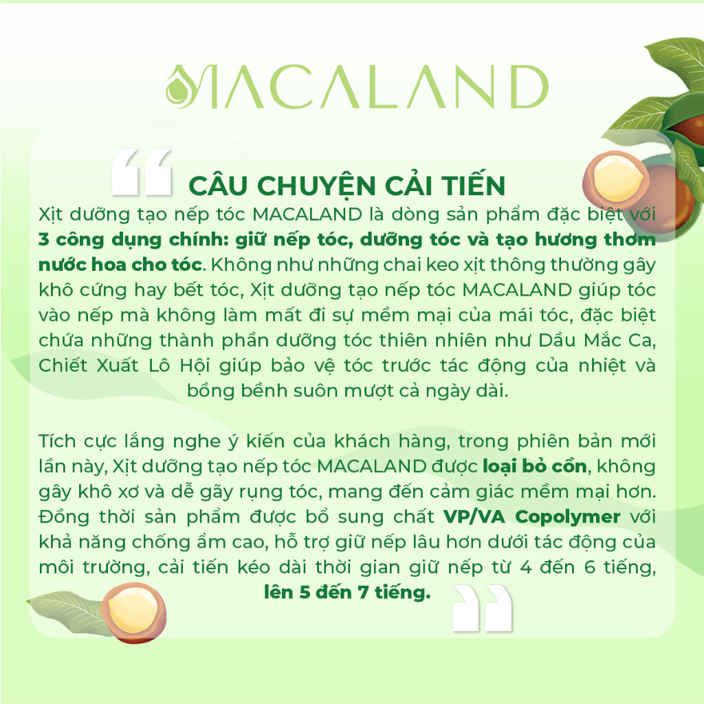 [MUA 1 TẶNG 1] Xịt giữ nếp tạo kiểu và dưỡng tóc 3in1 MACALAND 100ml hương thơm nước hoa cho tóc