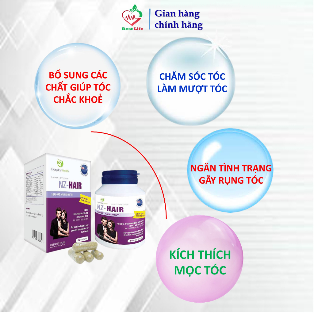 Viên uống ngăn rụng tóc và kích thích mọc tóc Everyday Health NZ-Hair chăm sóc tóc yếu dễ gãy rụng hộp 60 viên
