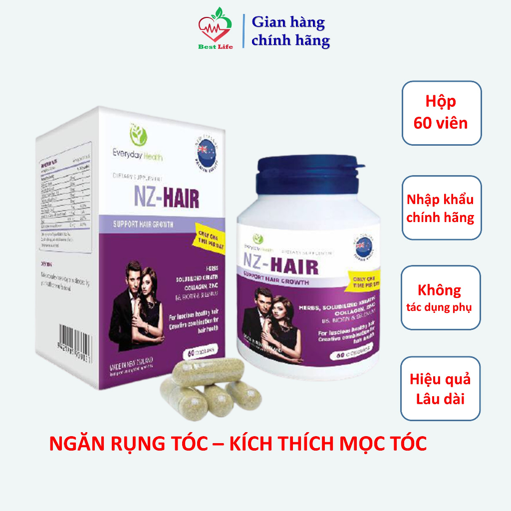 Viên uống ngăn rụng tóc và kích thích mọc tóc Everyday Health NZ-Hair chăm sóc tóc yếu dễ gãy rụng hộp 60 viên