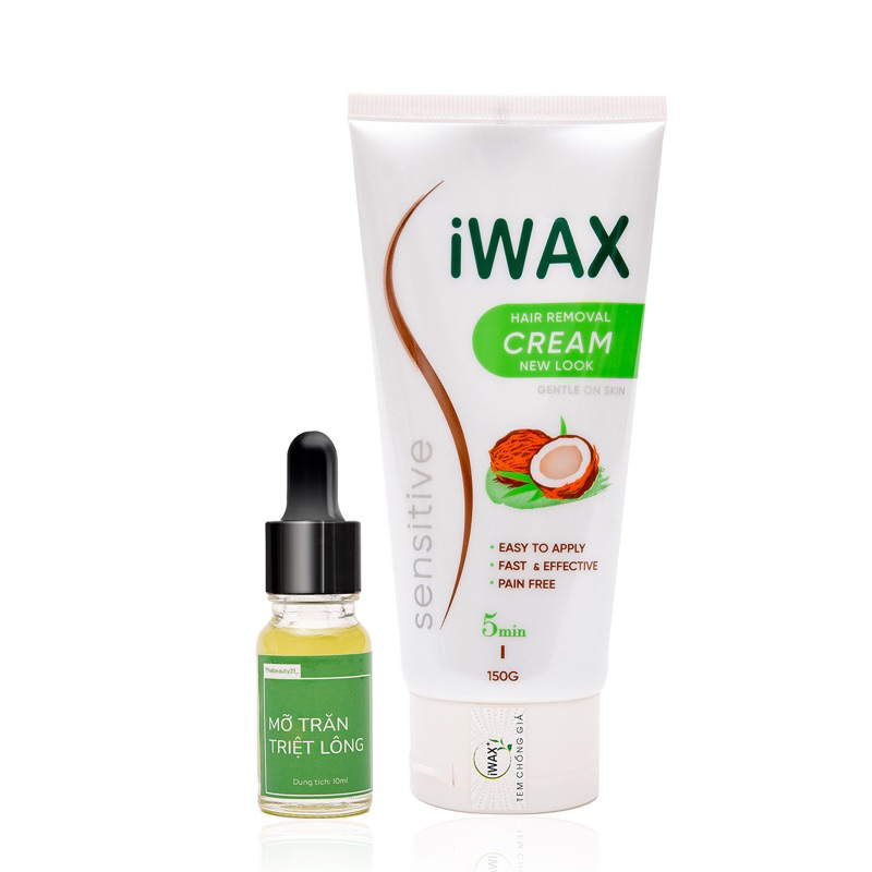 Combo: Kem Tẩy Lông Iwax 150ml và Mỡ Trăn Triệt Lông 10ml tẩy sạch lông vùng Bikini, Chân, Tay, Nách, Bụng