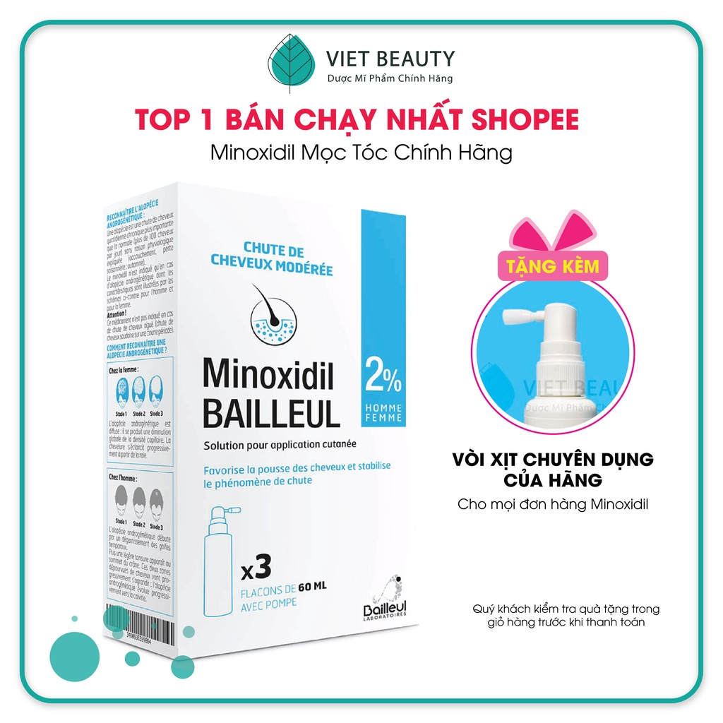 [VIỆT BEAUTY] Xịt mọc tóc Minoxidil Bailleul 2%-NHẬP TRỰC TIẾP PHÁP-NGĂN RỤNG TÓC, KÍCH THÍCH MỌC TÓC [Hộp 3 lọ 60ml]