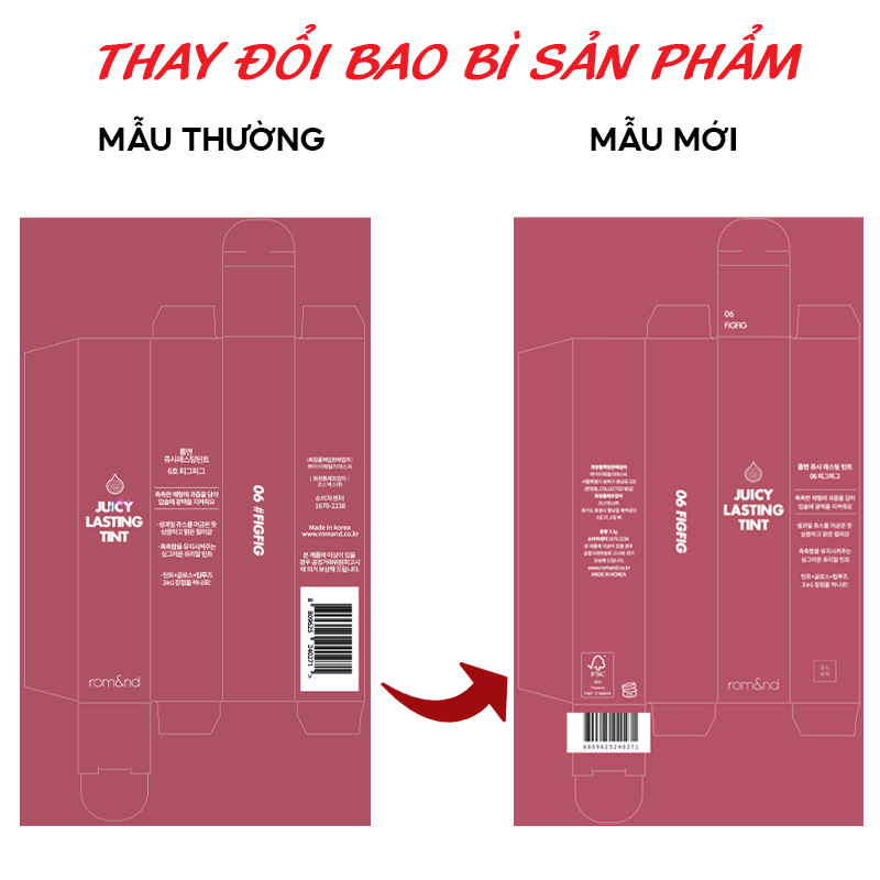 [NEW BARE] [31-33] Son Tint Bóng, Siêu Lì, Căng Mọng Hàn Quốc Romand Juicy Lasting Tint 5.5g (12 đỏ cherry, 13 nâu gạch)