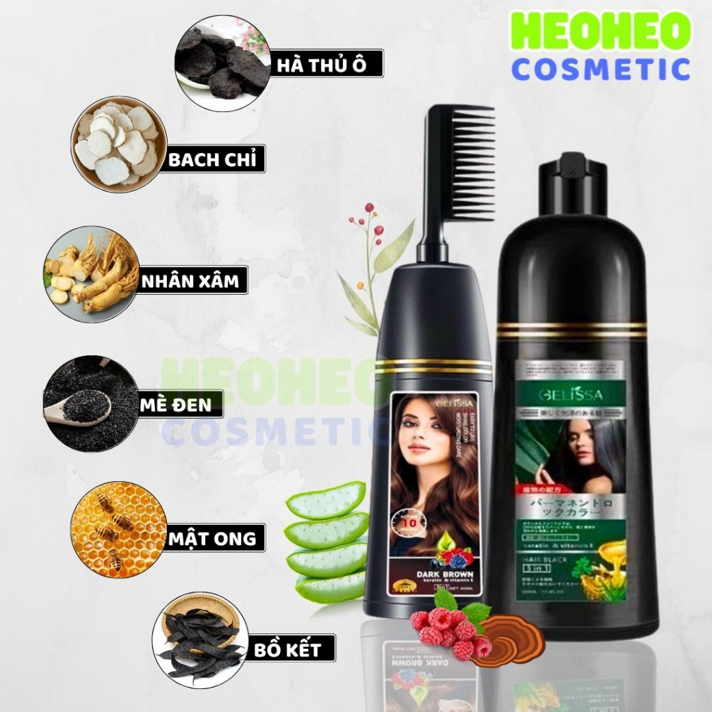Dầu gội phủ bạc GELISSA 500ml 400ml công nghệ nhật bản – Lược nhuộm tóc thông minh đen nâu từ thảo dược tự nhiên an toàn