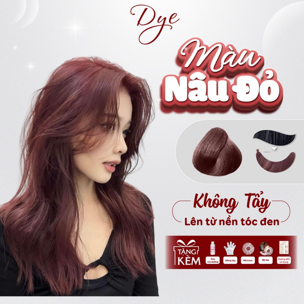 Thuốc nhuộm tóc, thuốc nhuộm tóc Nâu Đỏ, Dye.Hair, tặng kèm oxy trợ dưỡng và bao tay